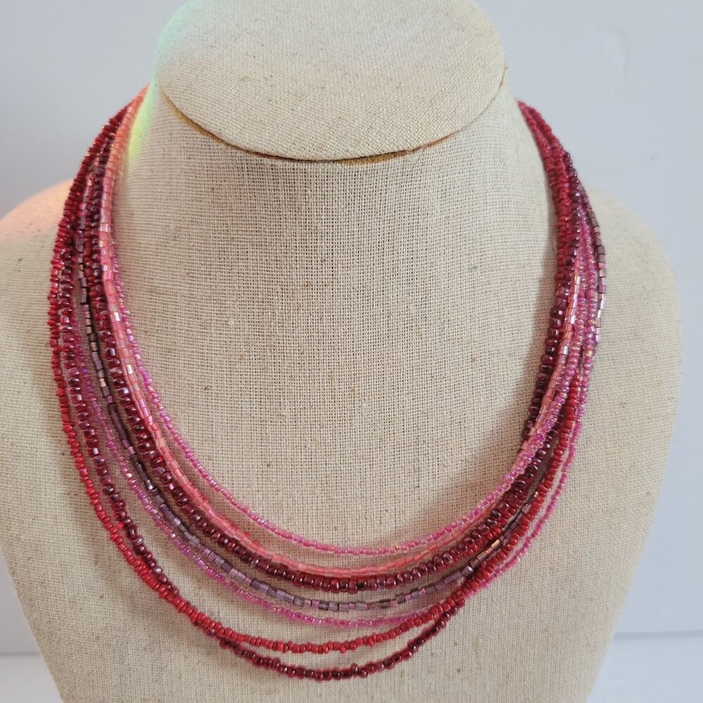 J Jill Multi-Strand Pink & Red Beaded Necklace With Silver-Tone Hook Clasp New